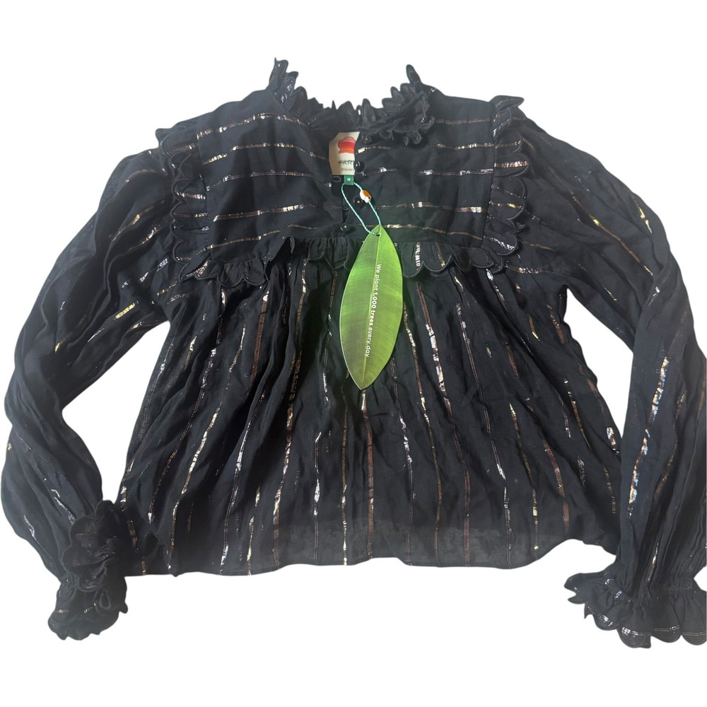 Farm Rio Black Metallic Blouse Womens Medium NWT MSRP $220 Lurex Holiday